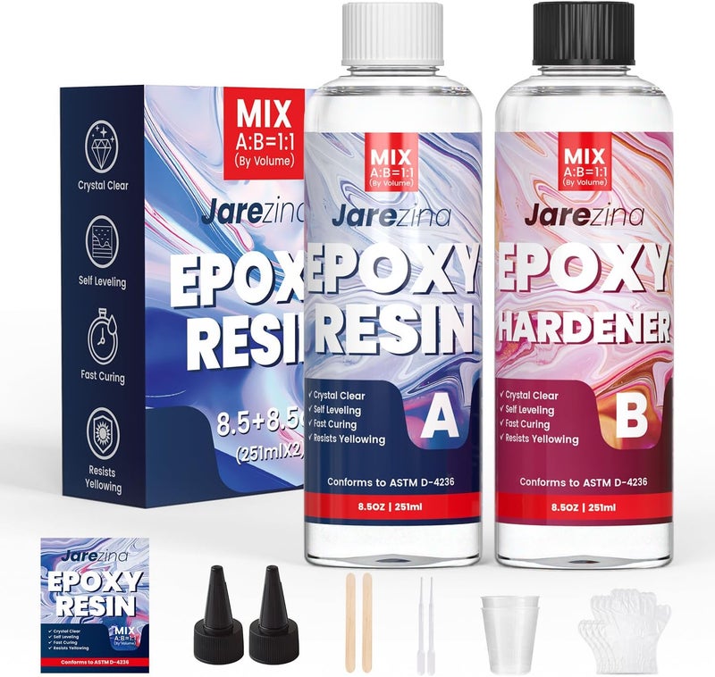 Jarezina 17OZ Epoxy Resin Kit,Crystal Clear Epoxy Resin -Strong and No Bubble，Not Yellowing Art Resin，Self Leveling Easy Mix 1:1,Suitable for Art Casting,DIY,Jewelry Projects, Wood & Resin Molds - Image 1